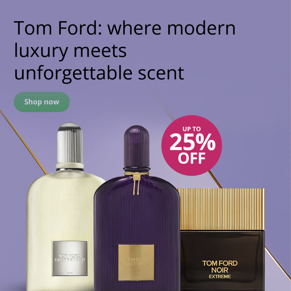 Tom Ford perfume bottles with promotional text on a purple background