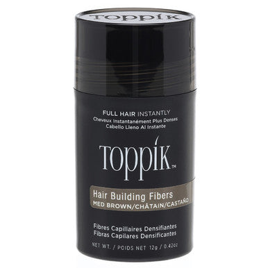 Toppik Hair Building Fibers Medium Brown bottle on a plain background