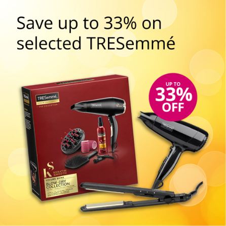 TRESemmé hair styling tools with up to 33% off offer on a yellow background