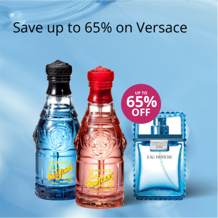 Three Versace fragrance bottles with up to 65% off offer on a blue background