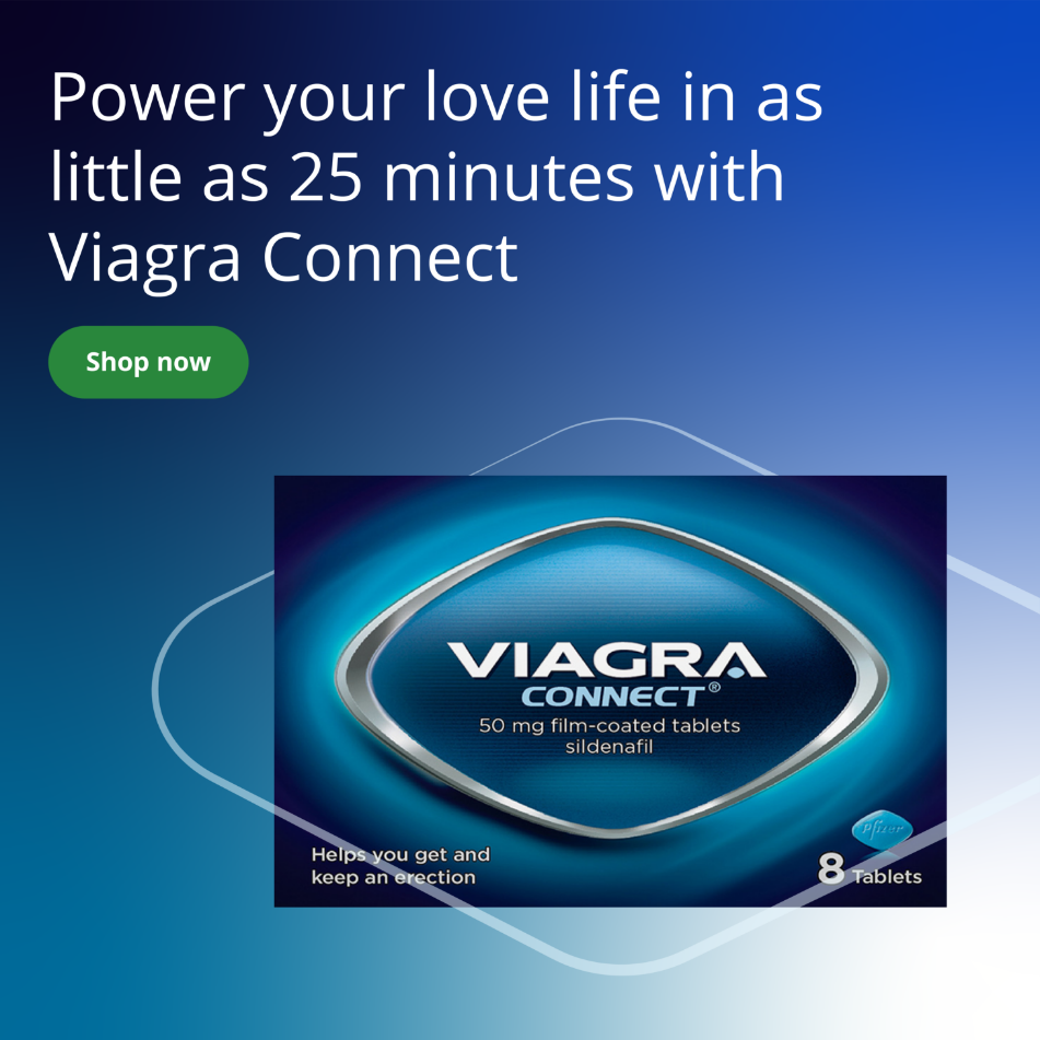 Advertisement for Viagra Connect with packaging and promotional text on a blue background