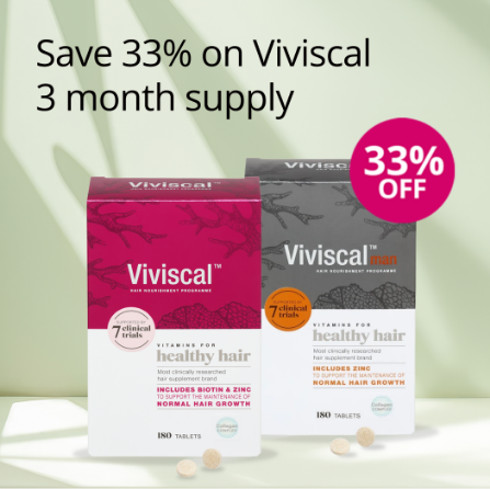 Viviscal hair supplement boxes with a 33% off label on a light green background