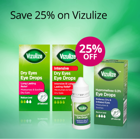 Vizulize dry eye relief products with 25% off offer on a green background