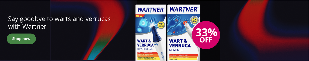 Wartner wart and verruca treatment products with 33% off offer and promotional text on a dark abstract background