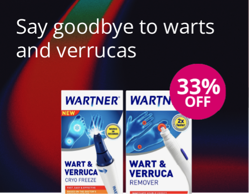 Wartner wart and verruca treatment products with 33% off offer on a dark abstract background