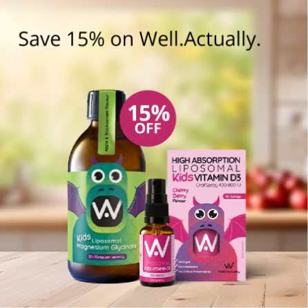Well.Actually kids supplements with magnesium glycinate and vitamin D products on a wooden surface with 15% off offer