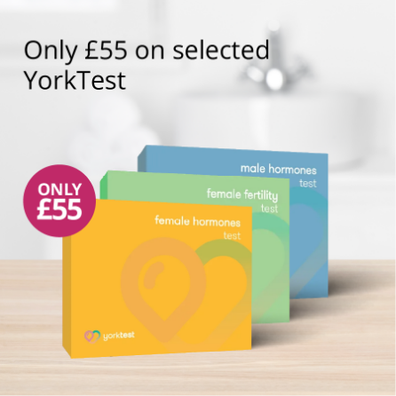 YorkTest hormone testing kits with £55 promotional offer on a soft grey background