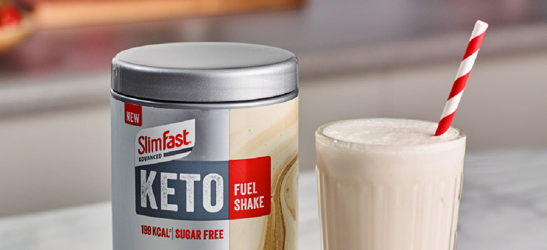 SlimFast Keto tin and shake