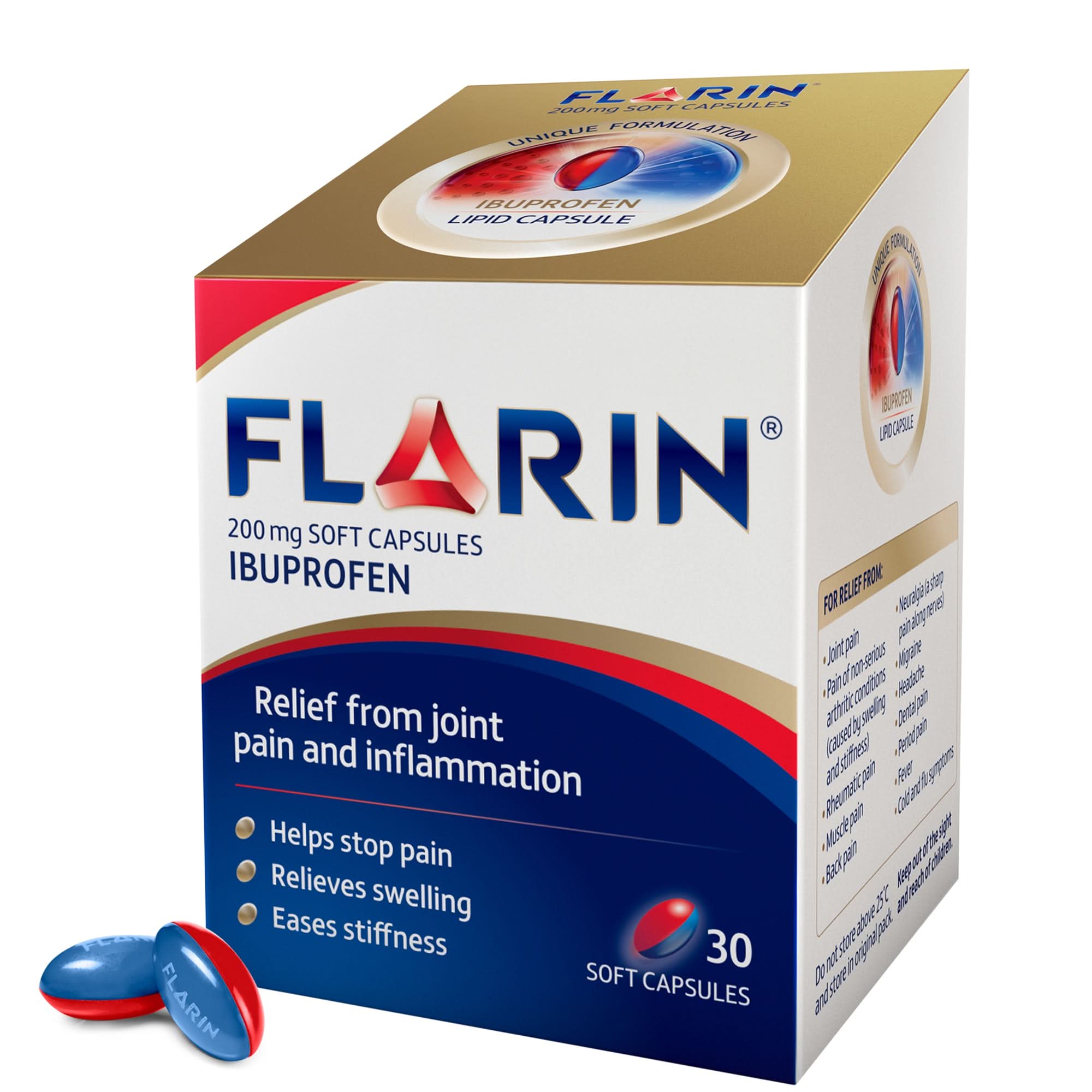 Flarin lipid ibuprofen 200mg soft capsules | LloydsPharmacy
